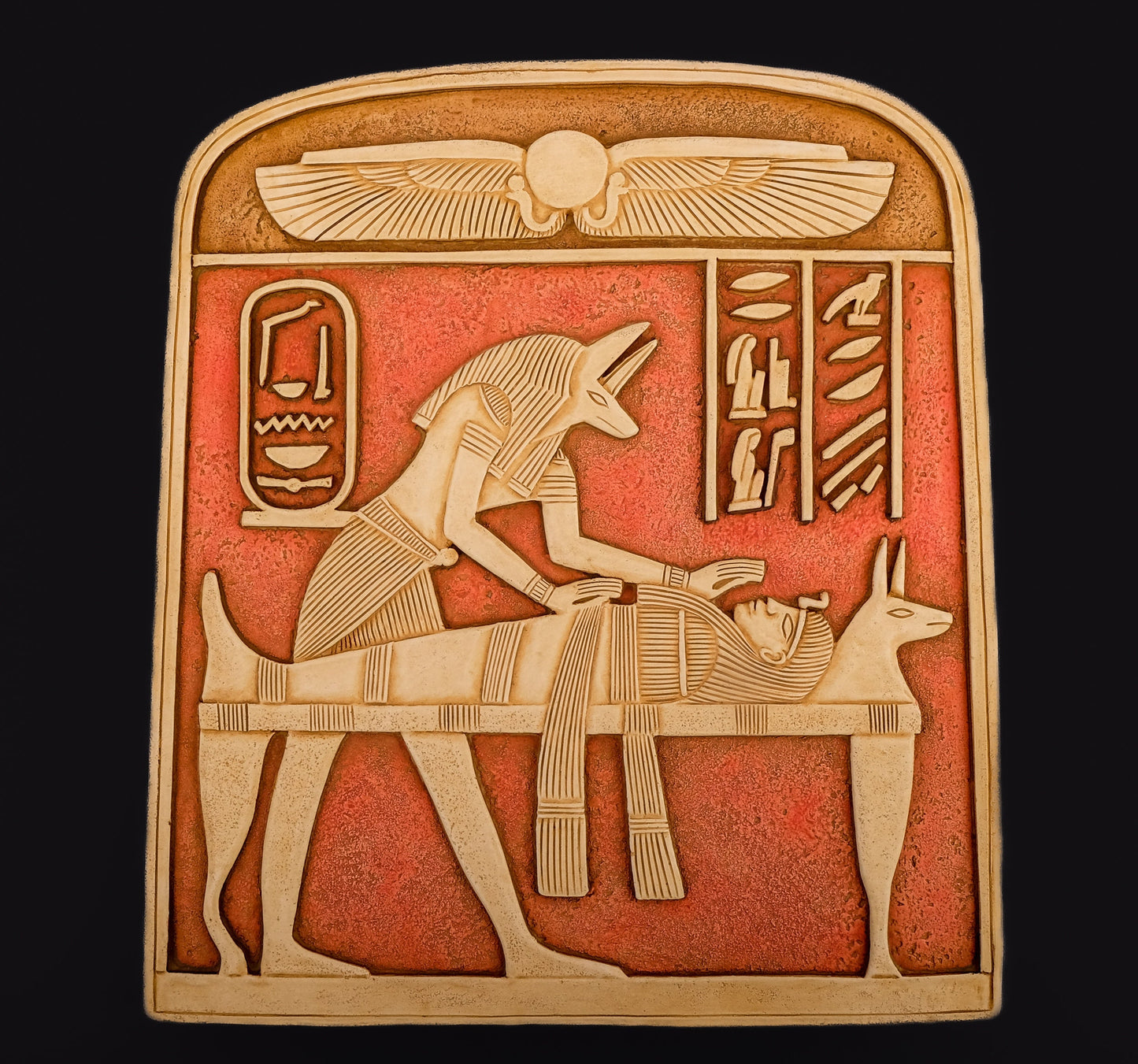 Ancient Egyptian Art Wall Relief Of God Anubis when he mummify the mummy sculpture white heavy stone made in Egypt