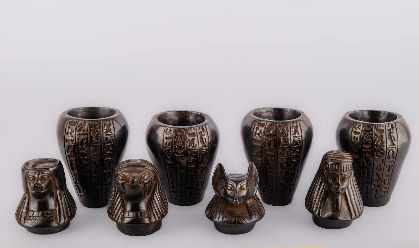 Canopic jars Sons of Horus sculpture Set four Egyptian Art heavy black stone made in Egypt