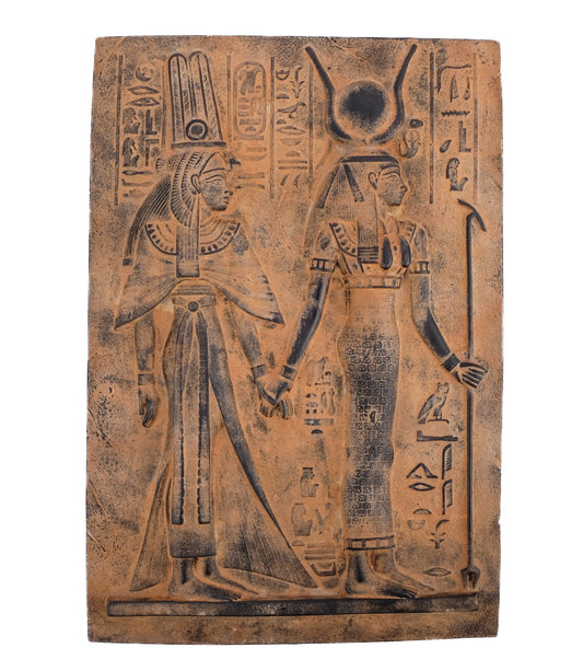 Ancient Egyptian Art Wall Relief Queen Nefertari being Led by Isis black heavy stone hand touching made in Egypt