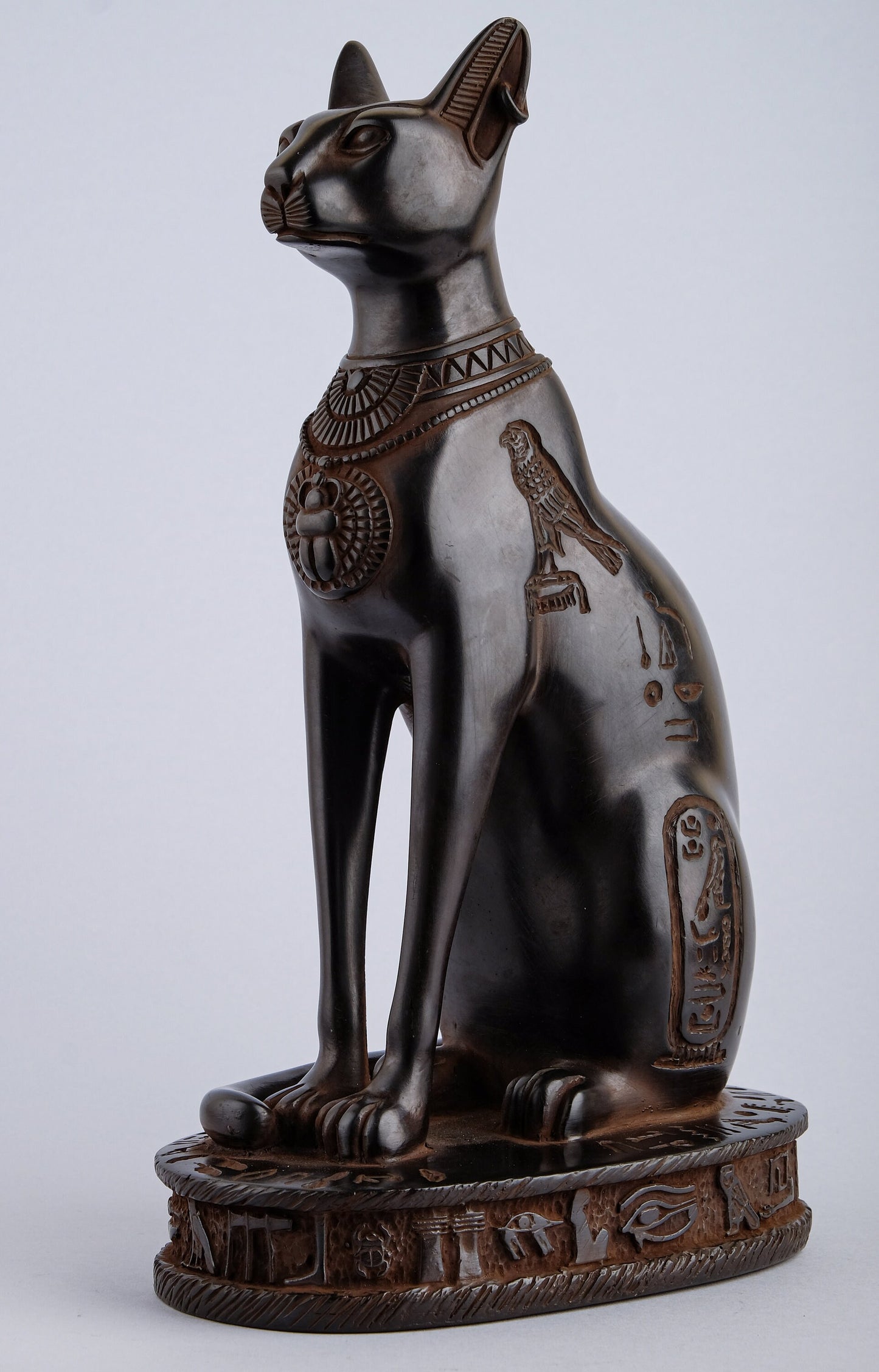 Unique goddess Bastet cat large Statue black with scarab on her chest, symbols hieroglyphic inscriptions around the base made in Egypt