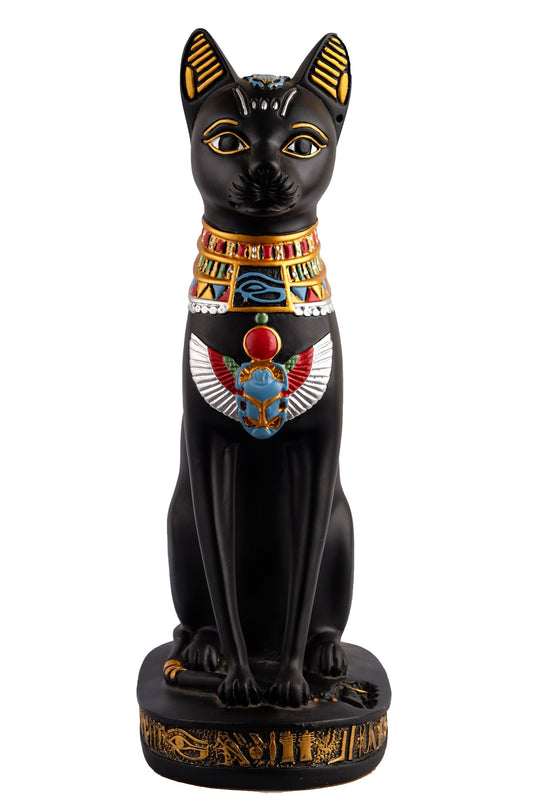 Unique statue Bastet cat large handcrafted paint black with scarab on her head and winged on her chest & eye of Horus made in Egypt