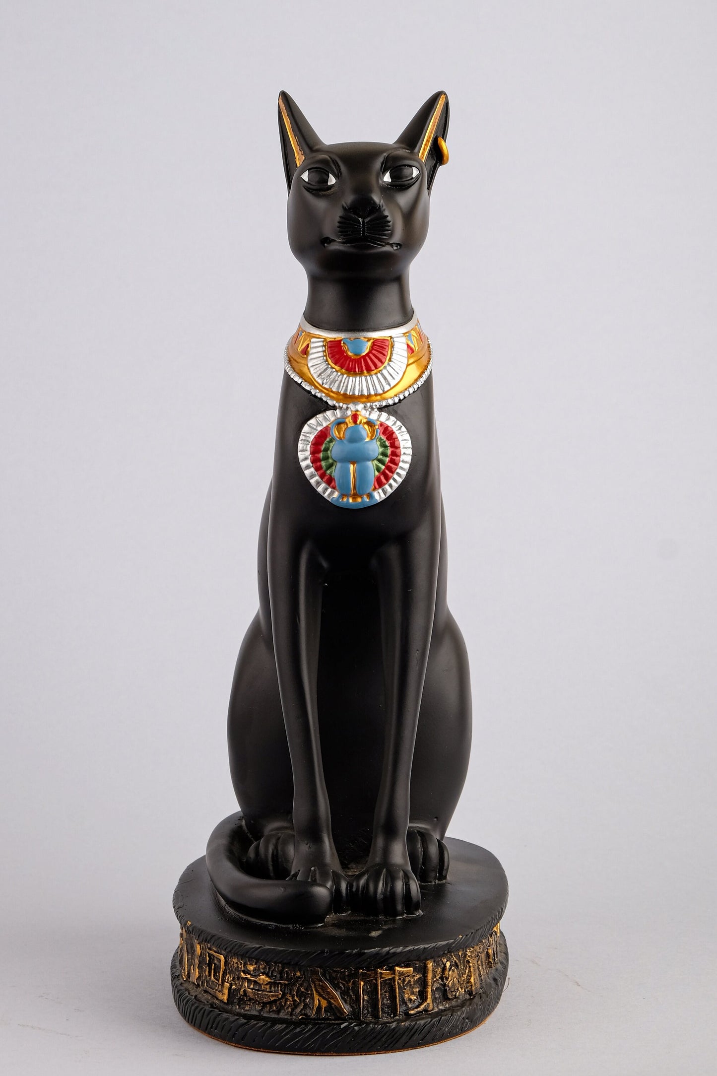 Egyptian Bastet cat statue handcrafted paint Black with scarab on her chest, symbols hieroglyphic inscriptions around the base made in Egypt