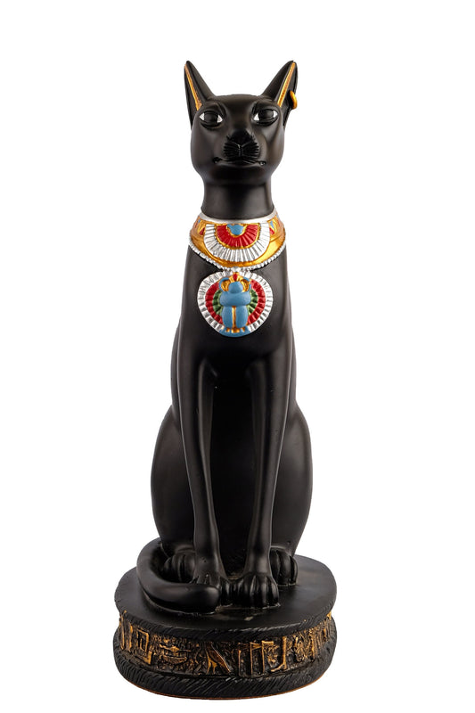 Egyptian Bastet cat statue handcrafted paint Black with scarab on her chest, symbols hieroglyphic inscriptions around the base made in Egypt