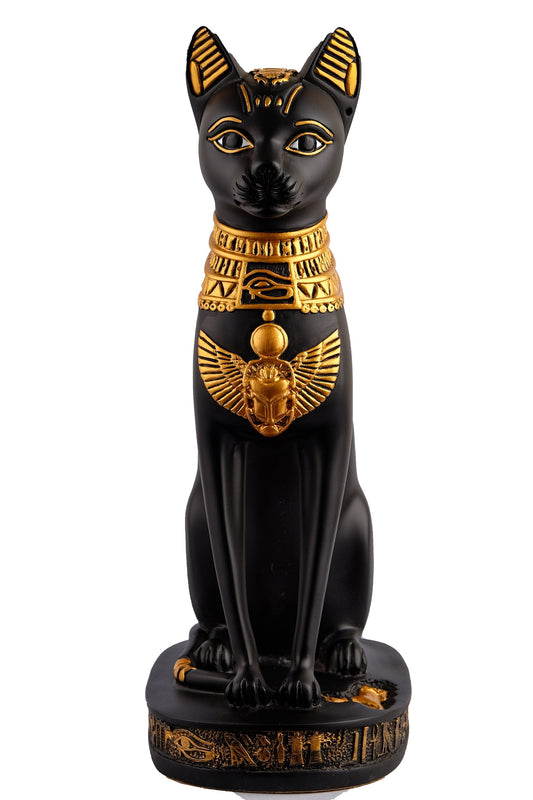 Statue Bastet cat large handcrafted paint black with amazing details scarab on her head and winged on her chest & eye of Horus made in Egypt