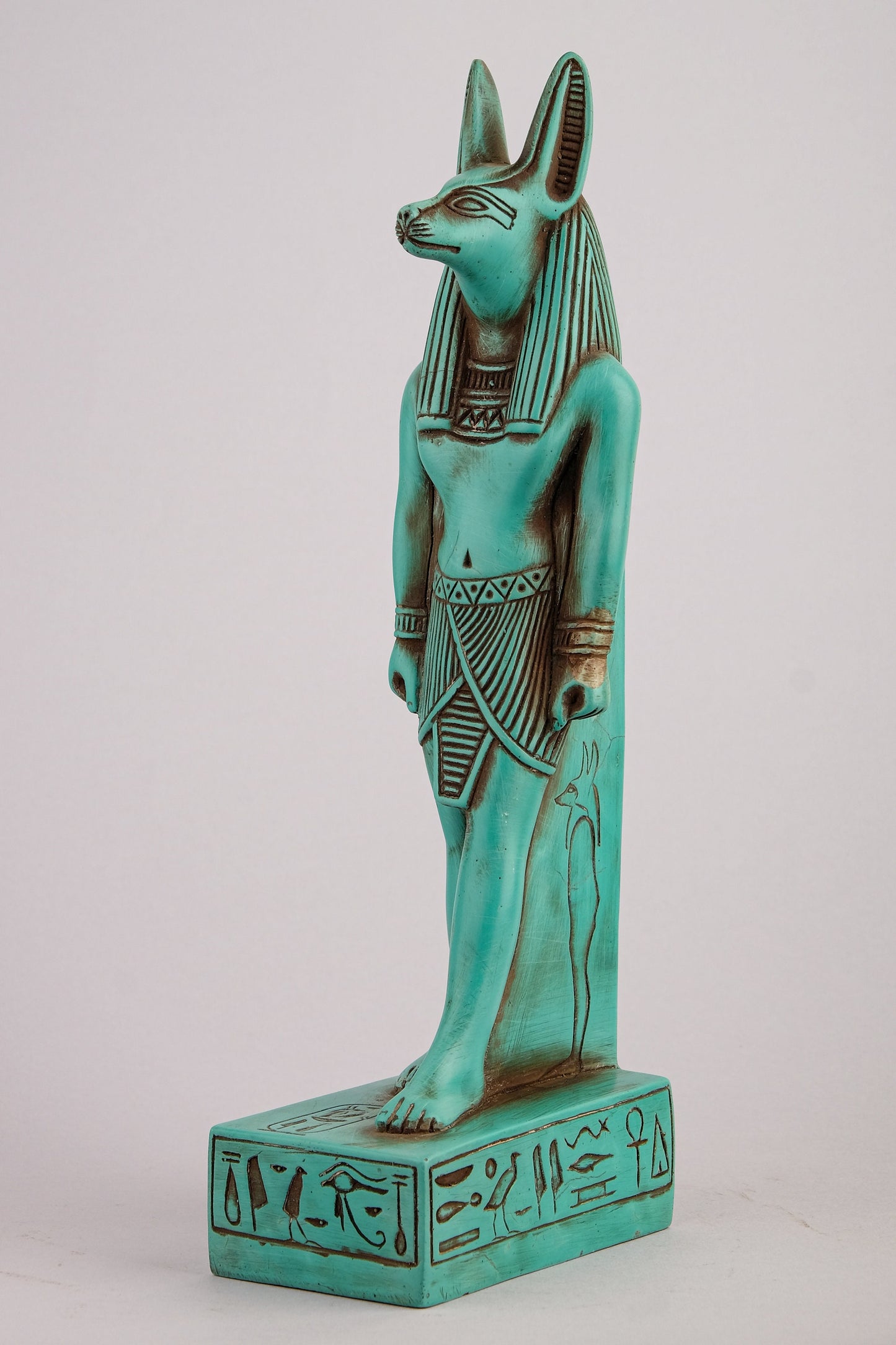 A unique ancient Egyptian statue of Anubis Jackal God of afterlife and mummification standing with jackal head and human body