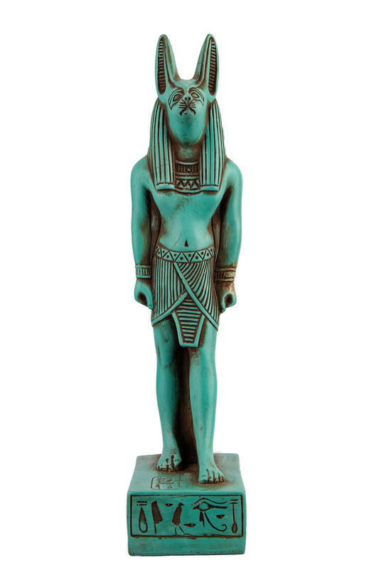 A unique ancient Egyptian statue of Anubis Jackal God of afterlife and mummification standing with jackal head and human body