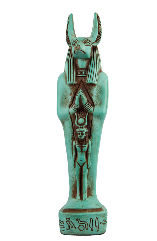 Egyptian statue of Anubis green Jackal God of afterlife and mummification standing with jackal head and human body with goddess Isis