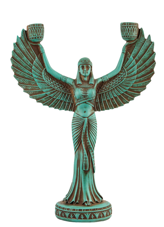 Statue goddess Isis Wings candlestick holder Large green stone ancient Egypt altar made in Egypt