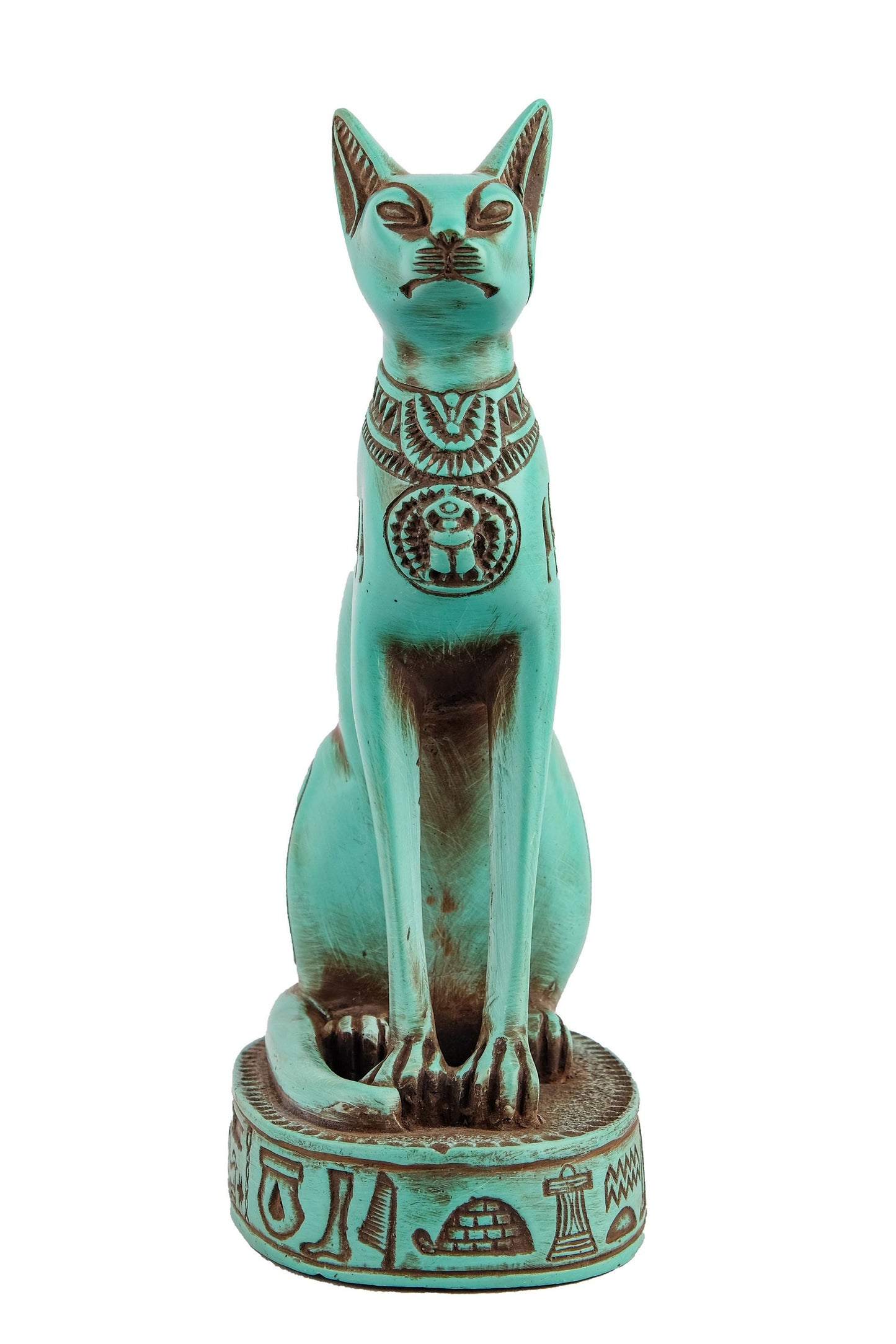 Unique goddess Bastet cat Statue heavy green stone with scarab on her chest, symbols hieroglyphic inscriptions around the base made in Egypt