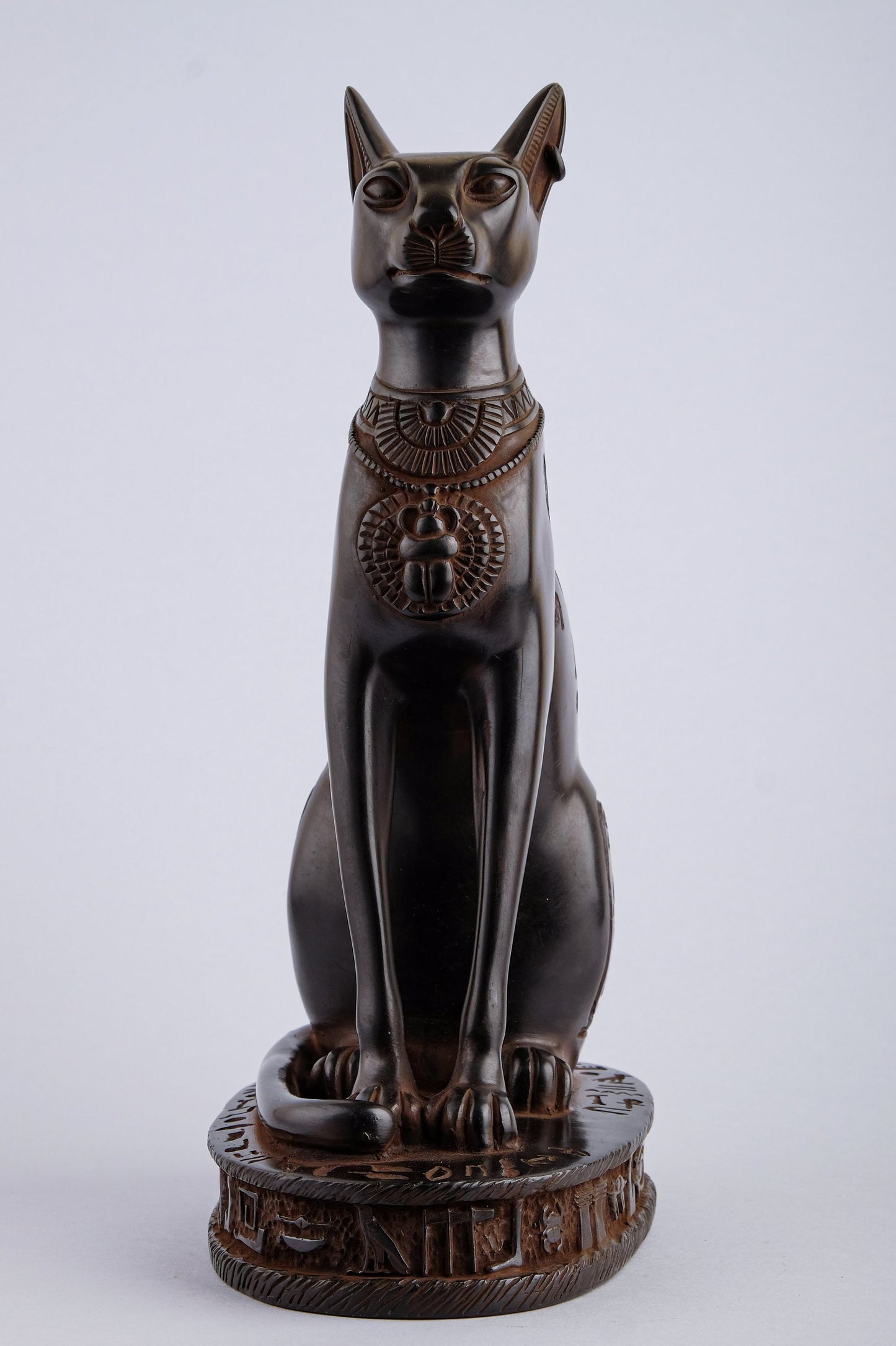 Unique goddess Bastet cat large Statue black with scarab on her chest, symbols hieroglyphic inscriptions around the base made in Egypt