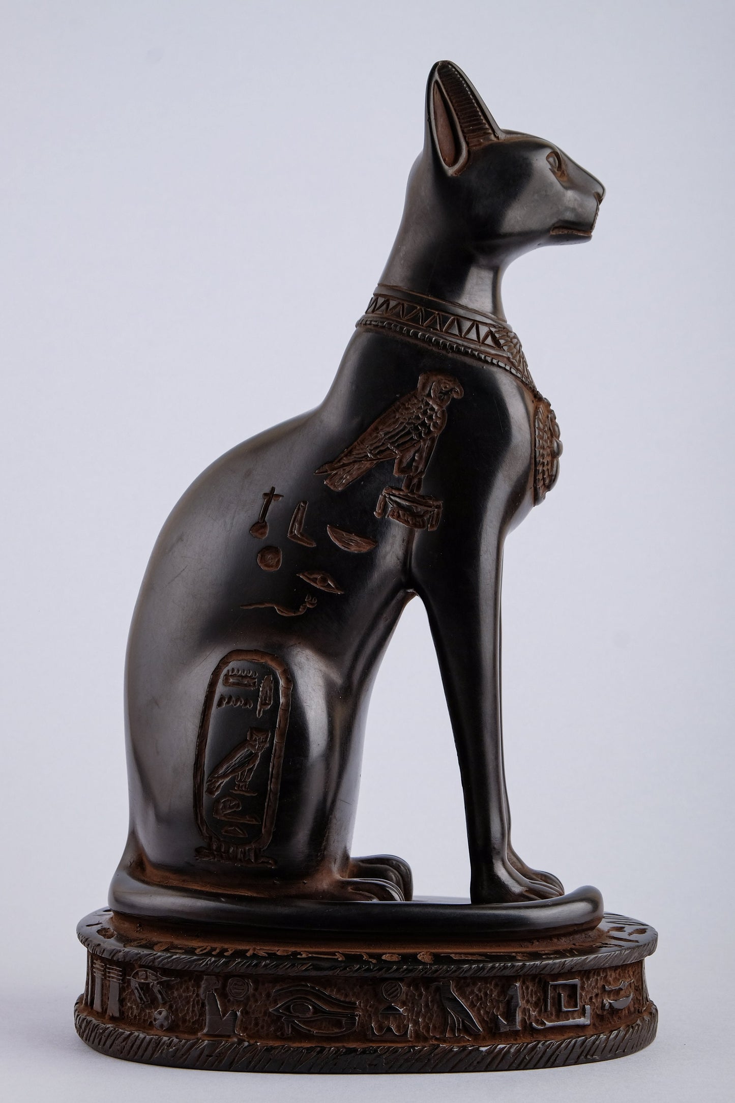 Unique goddess Bastet cat large Statue black with scarab on her chest, symbols hieroglyphic inscriptions around the base made in Egypt