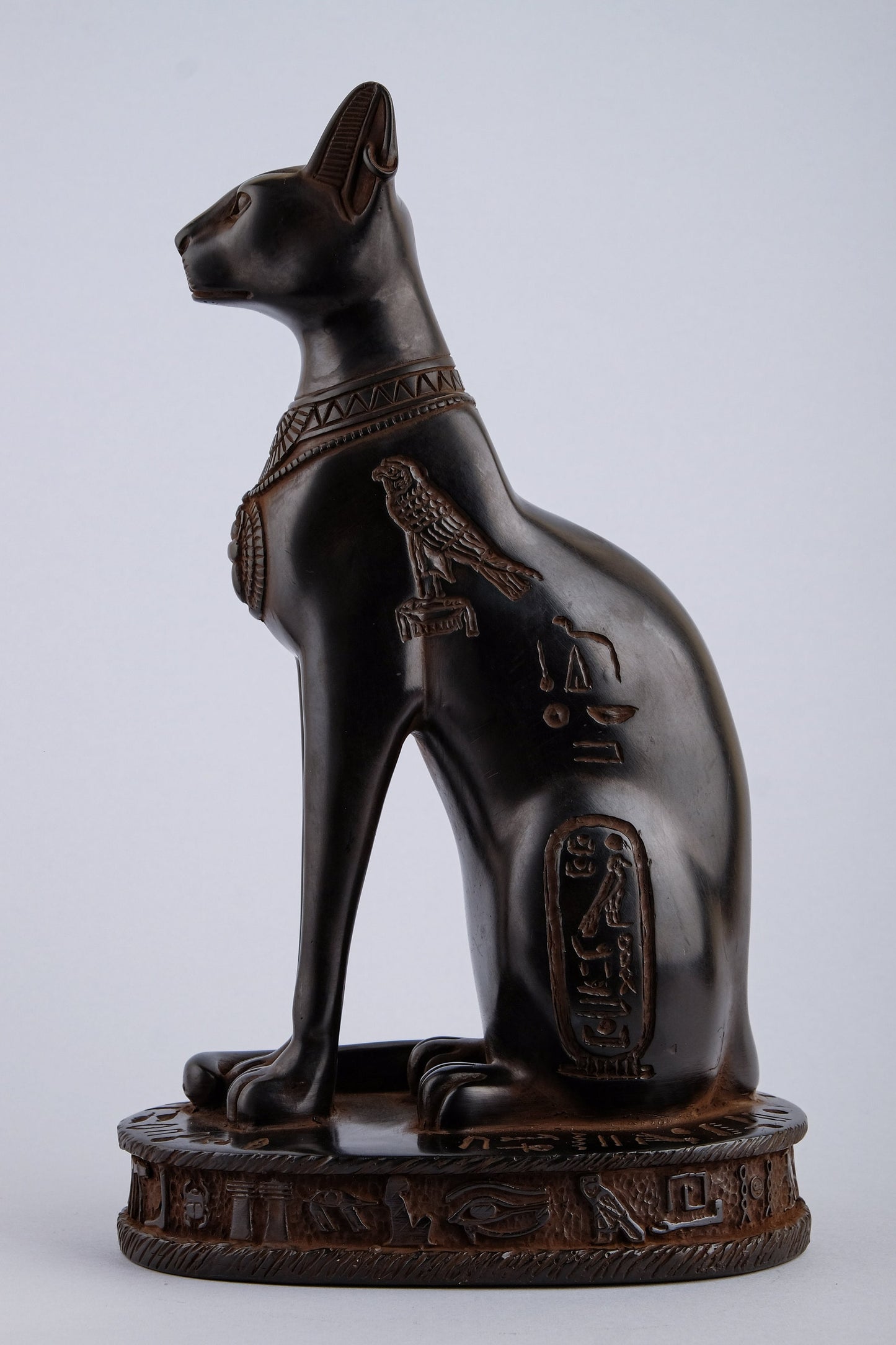 Unique goddess Bastet cat large Statue black with scarab on her chest, symbols hieroglyphic inscriptions around the base made in Egypt