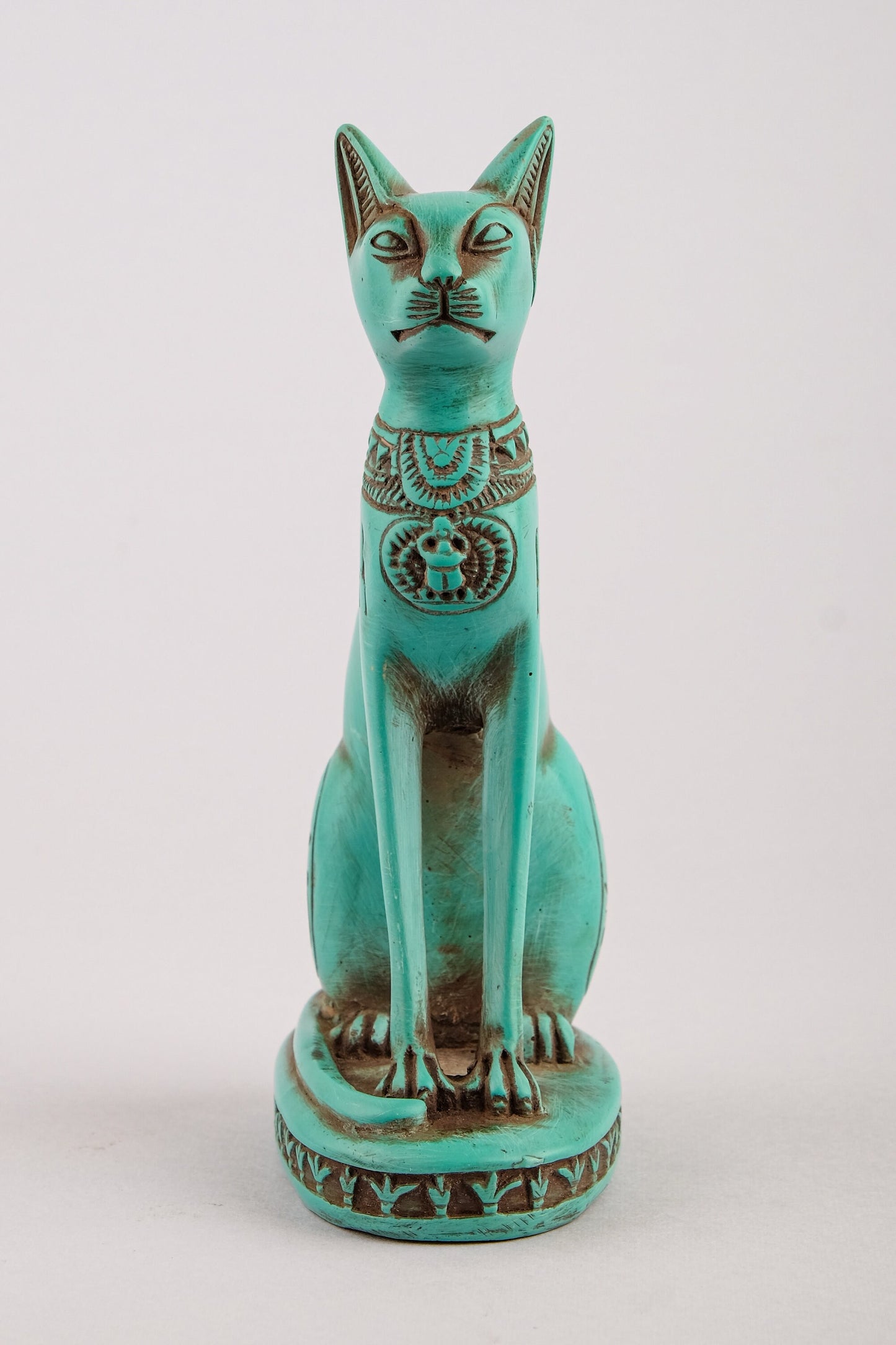 Unique Egyptian Bastet cat Statue heavy green stone with scarab on her chest