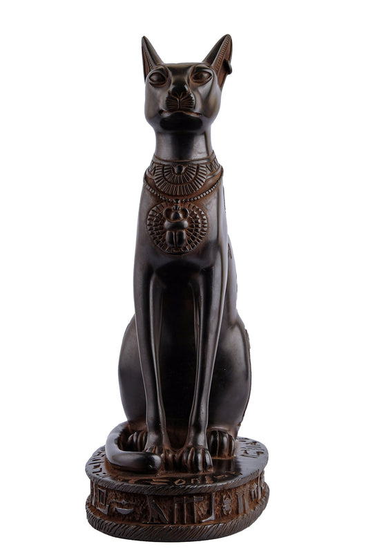 Unique goddess Bastet cat large Statue black with scarab on her chest, symbols hieroglyphic inscriptions around the base made in Egypt