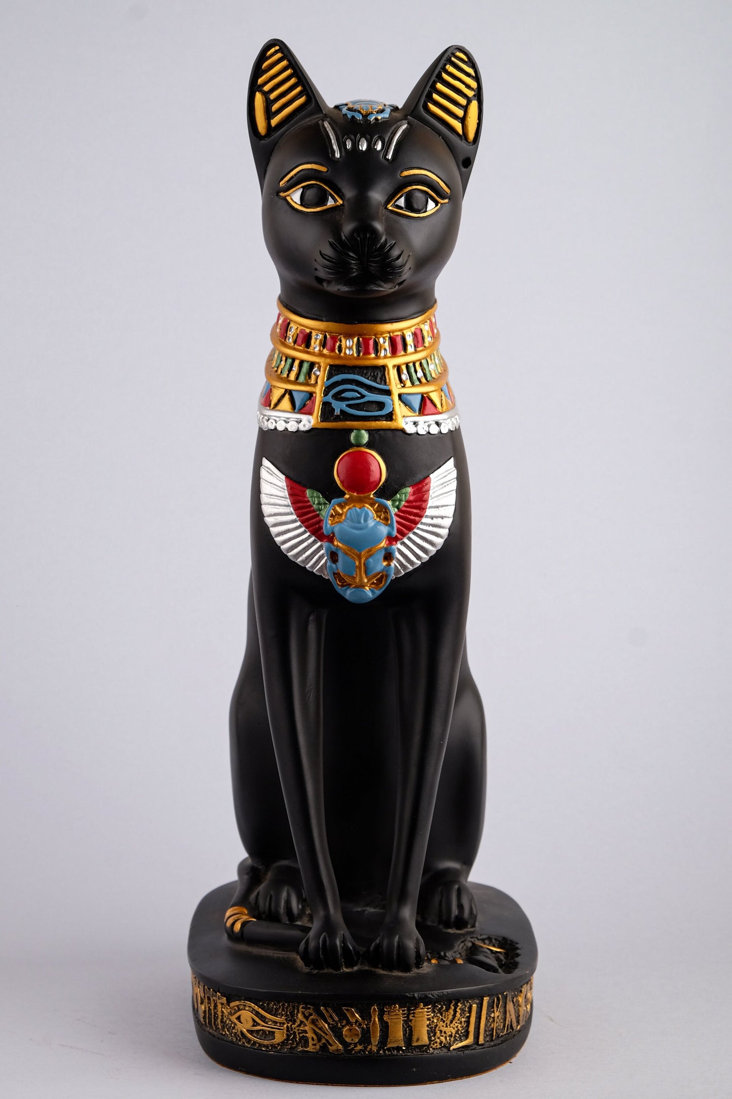 Unique statue Bastet cat large handcrafted paint black with scarab on her head and winged on her chest & eye of Horus made in Egypt