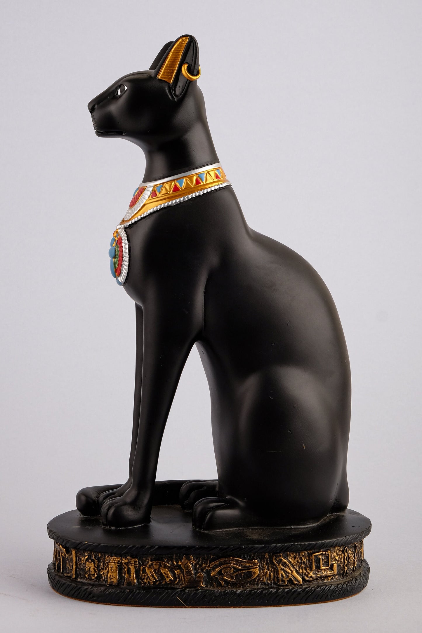 Egyptian Bastet cat statue handcrafted paint Black with scarab on her chest, symbols hieroglyphic inscriptions around the base made in Egypt