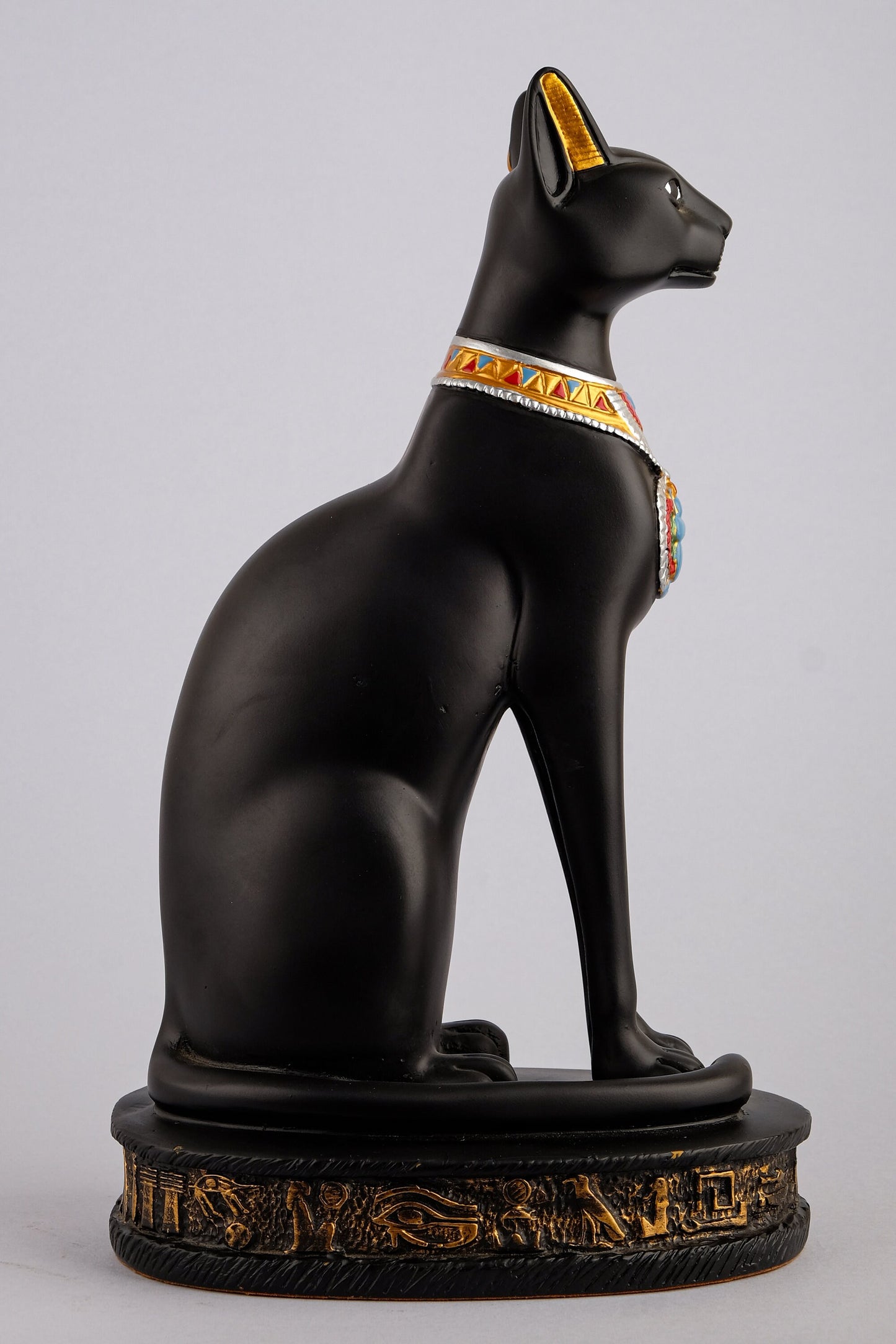 Egyptian Bastet cat statue handcrafted paint Black with scarab on her chest, symbols hieroglyphic inscriptions around the base made in Egypt