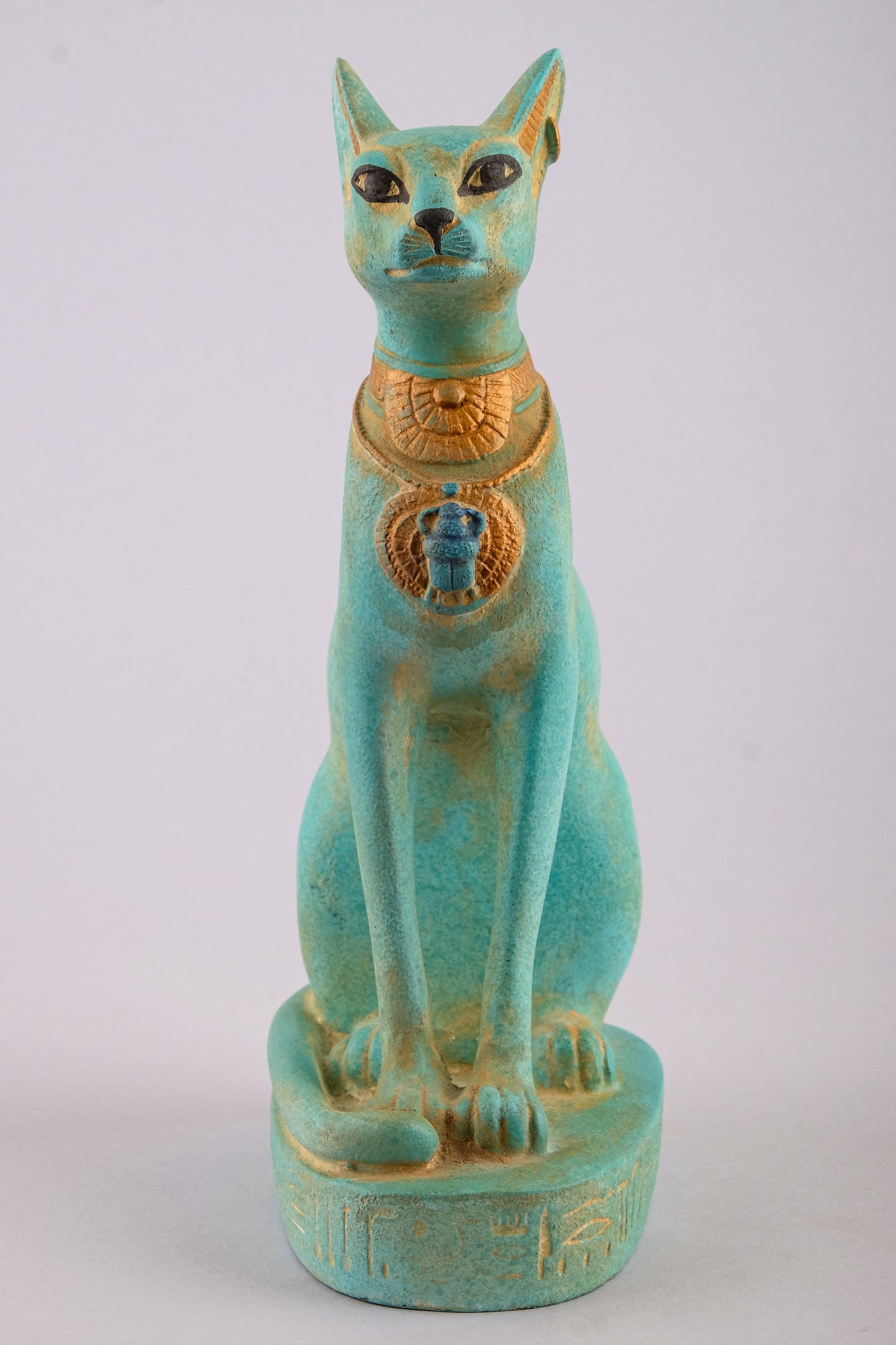 Unique Egyptian Bastet cat Statue statue unique green sculpture stone handcrafted altar statue with scarab on her chest