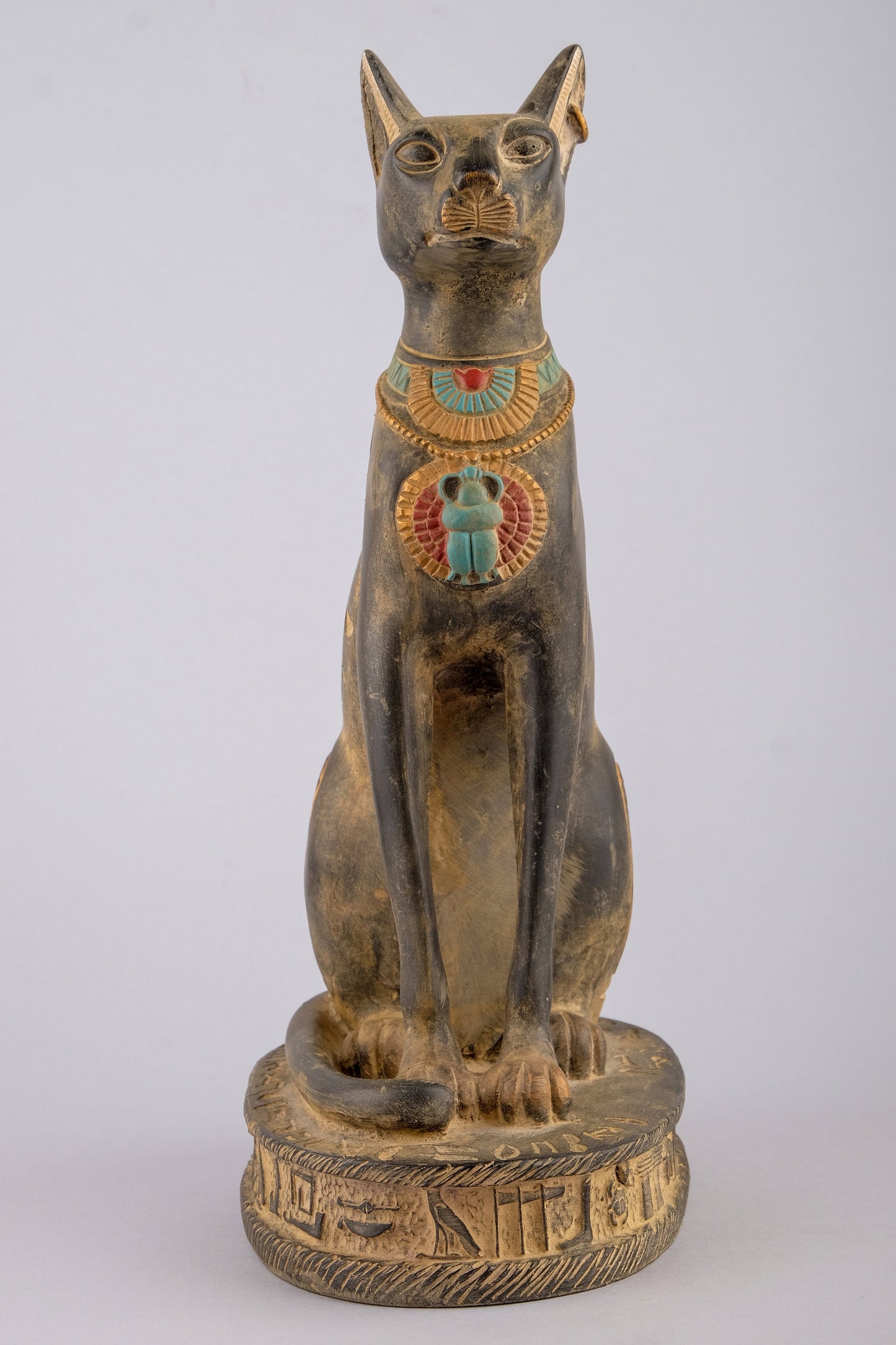 Unique Egyptian Bastet cat Statue black sculpture stone handcrafted altar statue with scarab on her chest