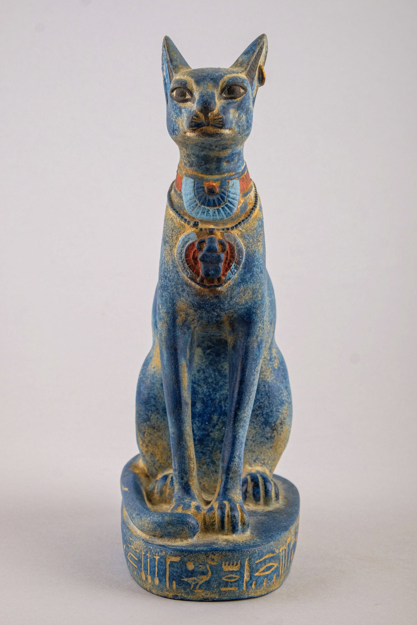 Unique Egyptian Bastet cat Statue heavy blue stone sculpture with scarab on her chest, symbols hieroglyphic inscriptions around the base