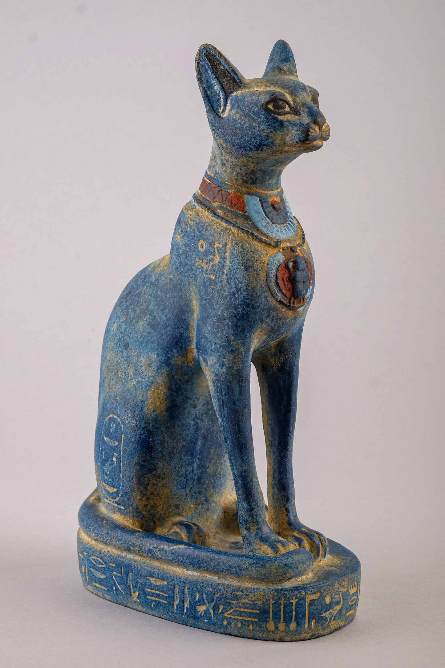 Unique Egyptian Bastet cat Statue heavy blue stone sculpture with scarab on her chest, symbols hieroglyphic inscriptions around the base