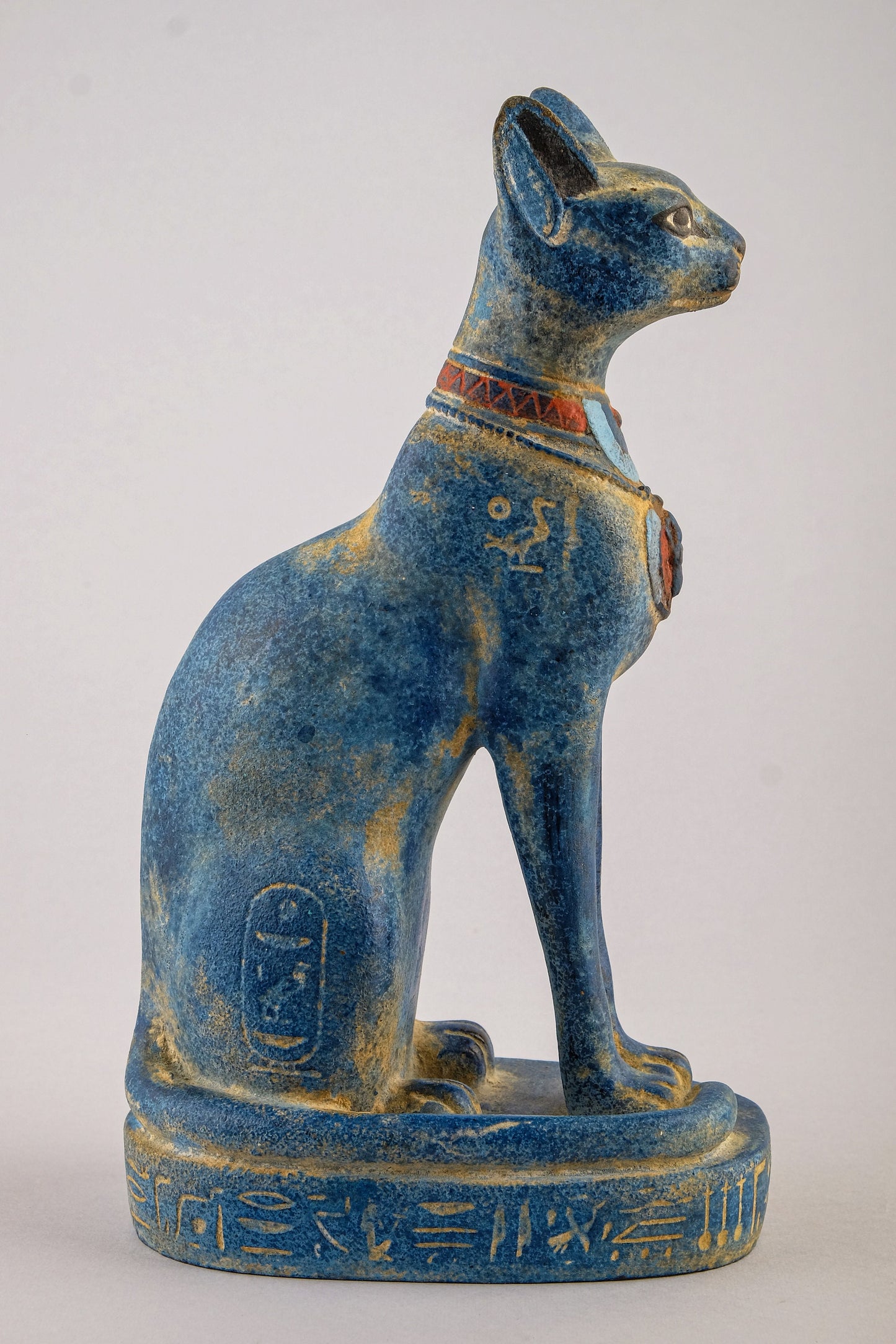 Unique Egyptian Bastet cat Statue heavy blue stone sculpture with scarab on her chest, symbols hieroglyphic inscriptions around the base