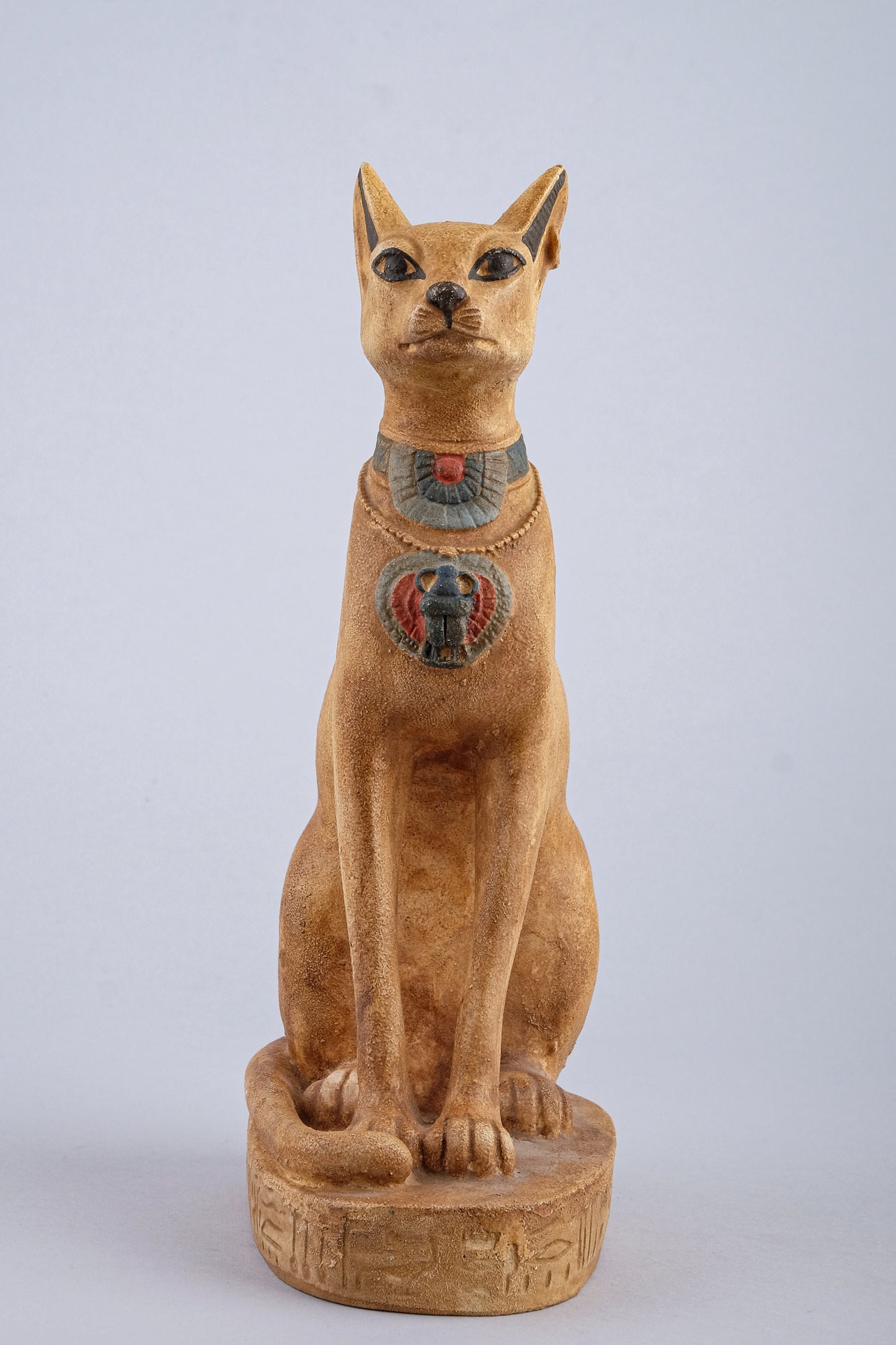 Unique Egyptian Bastet cat Statue heavy stone sculpture with scarab on her chest, symbols hieroglyphic inscriptions around the base