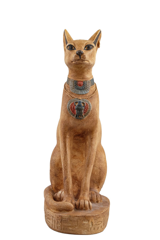 Unique Egyptian Bastet cat Statue heavy stone sculpture with scarab on her chest, symbols hieroglyphic inscriptions around the base