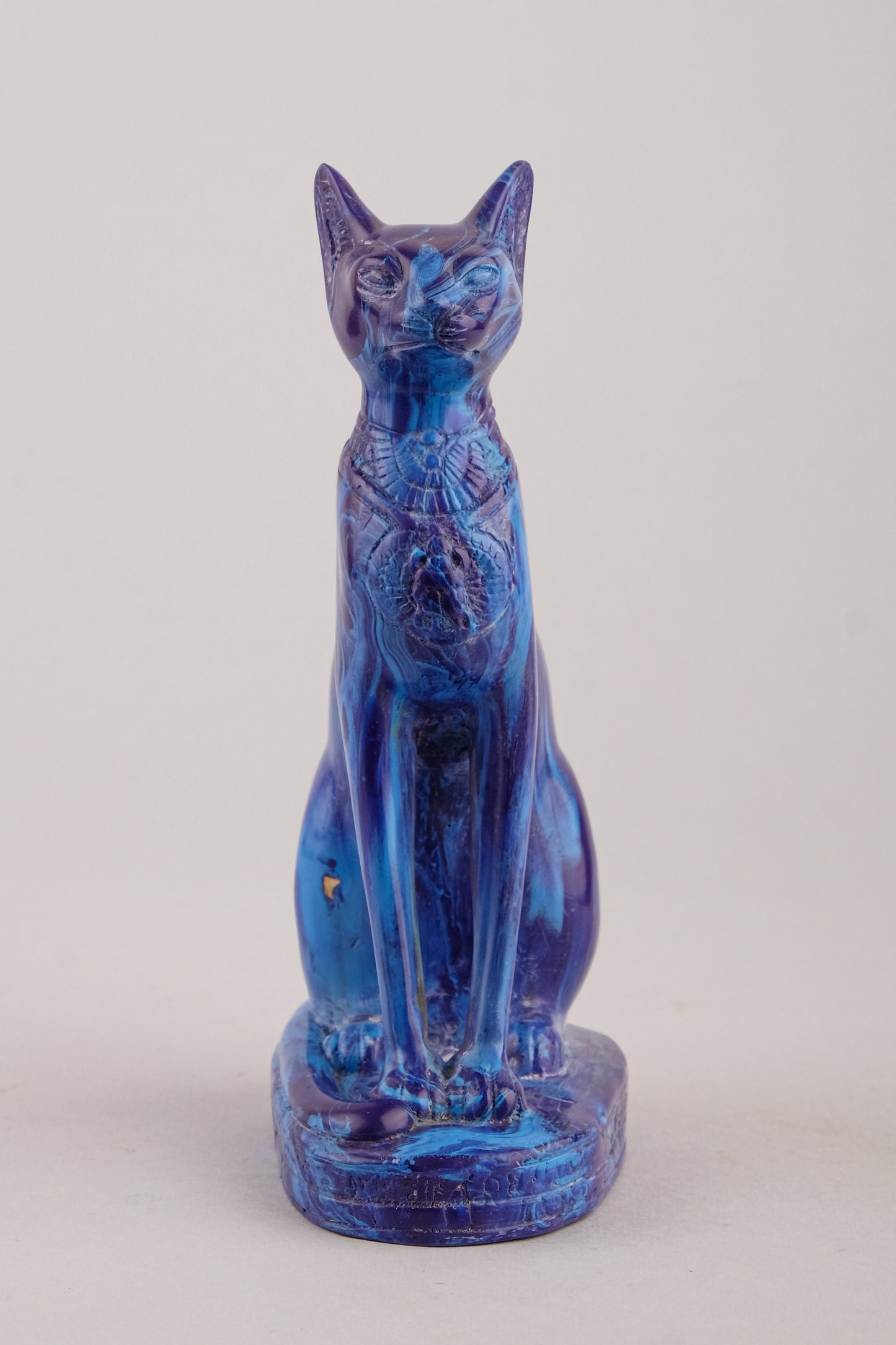 Unique Egyptian blue Bastet cat Statue with scarab on her chest, symbols hieroglyphic inscriptions around the base made in Egypt