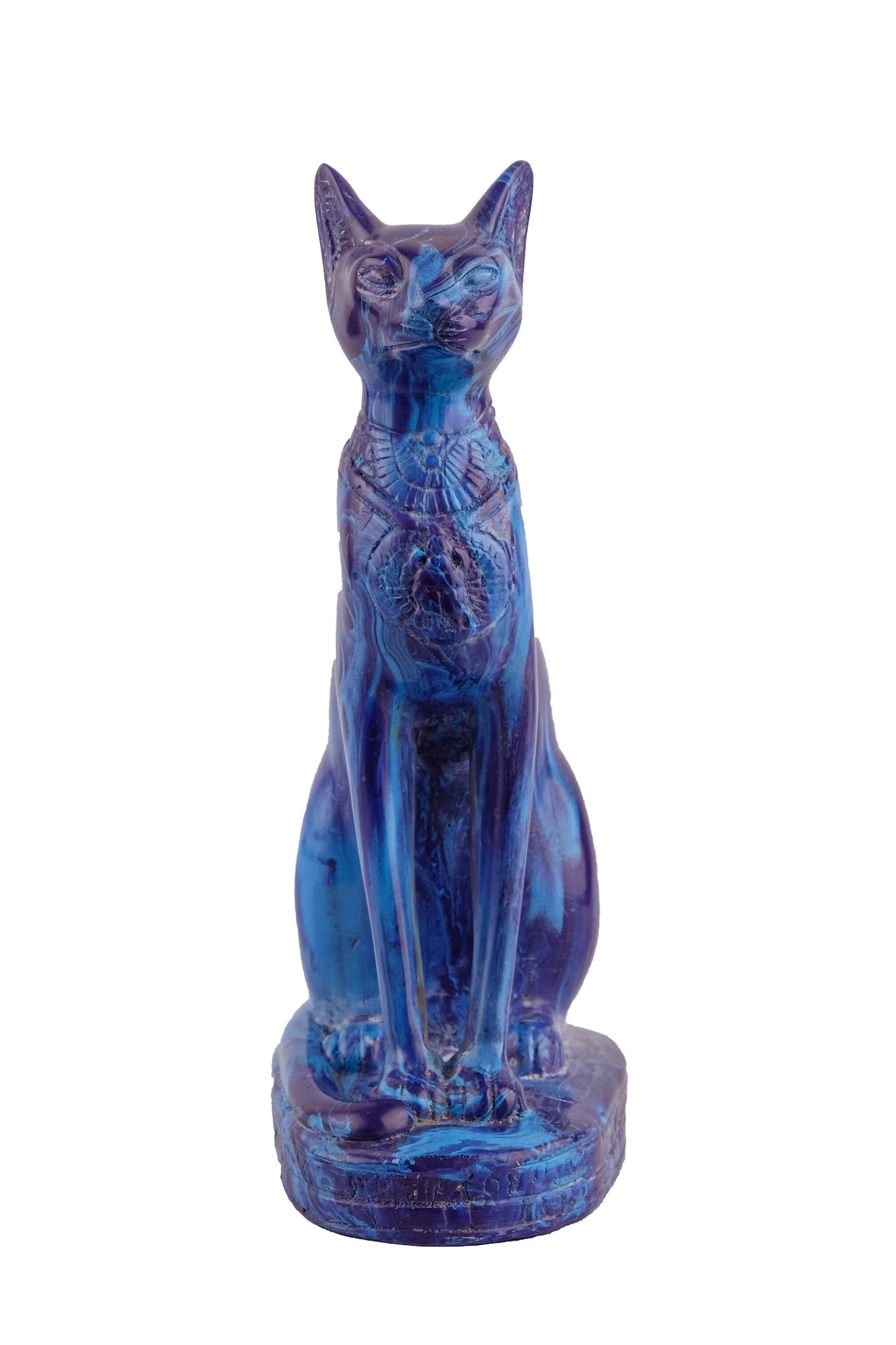 Unique Egyptian blue Bastet cat Statue with scarab on her chest, symbols hieroglyphic inscriptions around the base made in Egypt