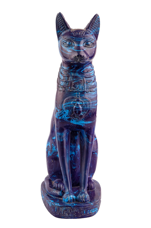 Unique Egyptian statue cat Bastet Blue stone Sculpture with front scarab, eye of Horus made in Egypt