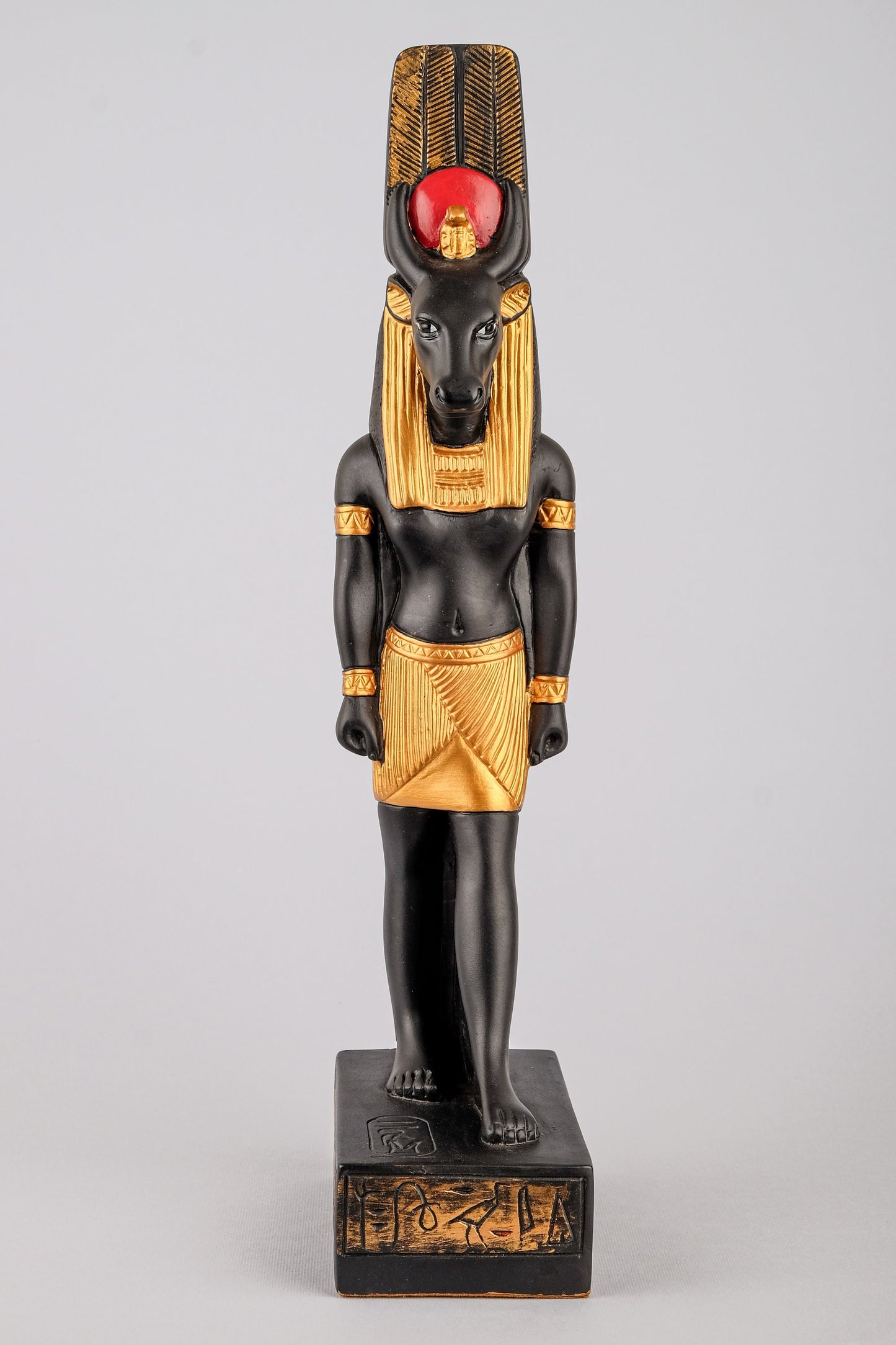 Statue Montu symbol of War lord of Medamud, depicted with a bull’s head. Large painted black gold made in Egypt