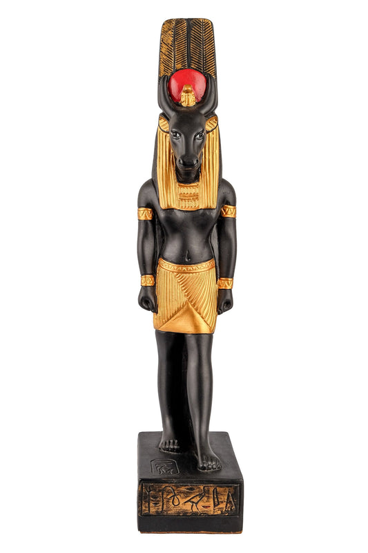 Statue Montu symbol of War lord of Medamud, depicted with a bull’s head. Large painted black gold made in Egypt