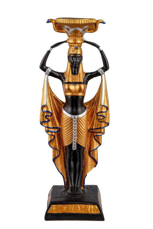 Statue of Egyptian Queen Cleopatra's Egyptian Nubian Maiden Servants with Chalice large painted black gold made in Egypt