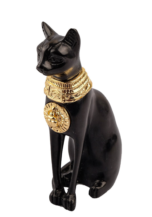 Unique ancient Egyptian statue cat Bastet Black Sculpture with front gold metal scarab, gold metal eye of Horus made in Egypt