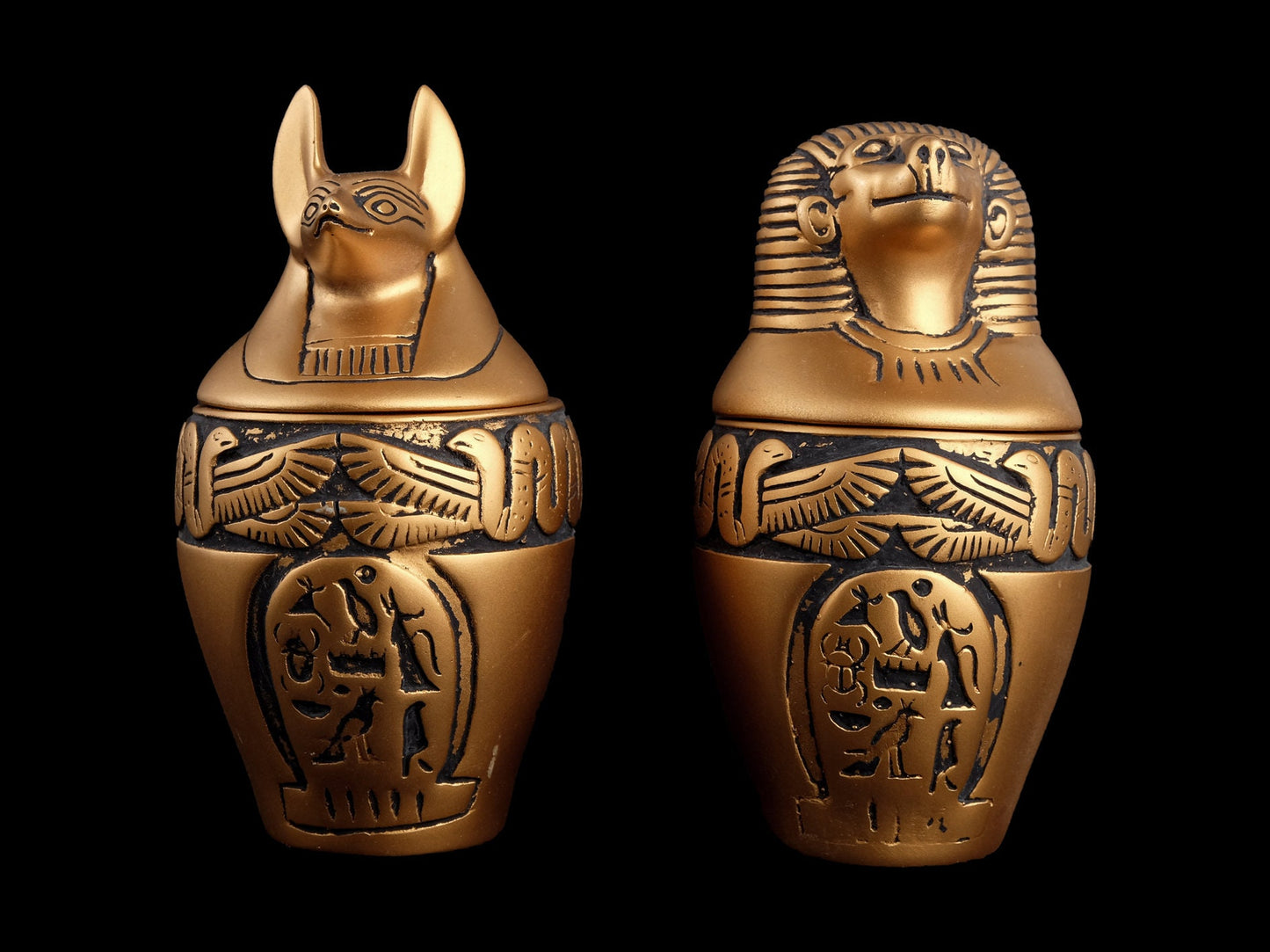 Ancient Egyptian Canopic jars Sons of Horus sculpture Set four Egyptian Art painted gold made in Egypt