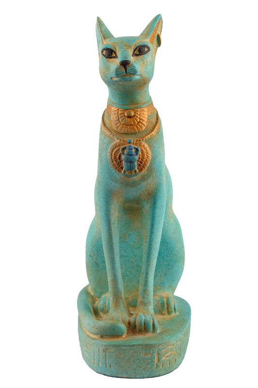 Unique Egyptian Bastet cat Statue statue unique green sculpture stone handcrafted altar statue with scarab on her chest