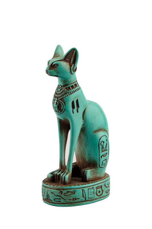 Ancient Egyptian Bastet cat Statue heavy green stone with scarab on her chest, symbols hieroglyphic inscriptions around the base