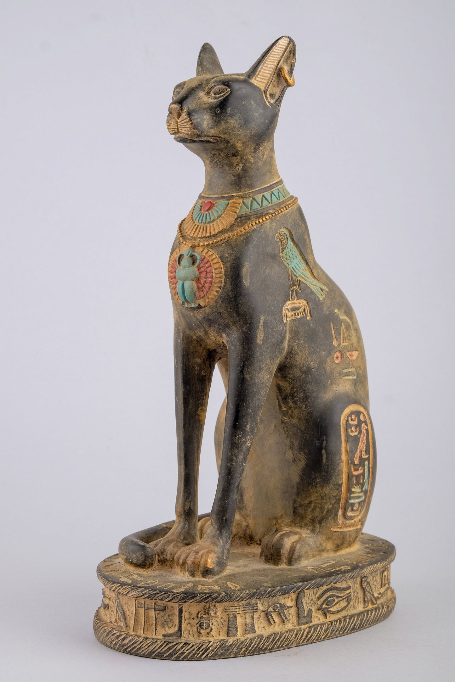 Unique Egyptian Bastet cat Statue black sculpture stone handcrafted altar statue with scarab on her chest