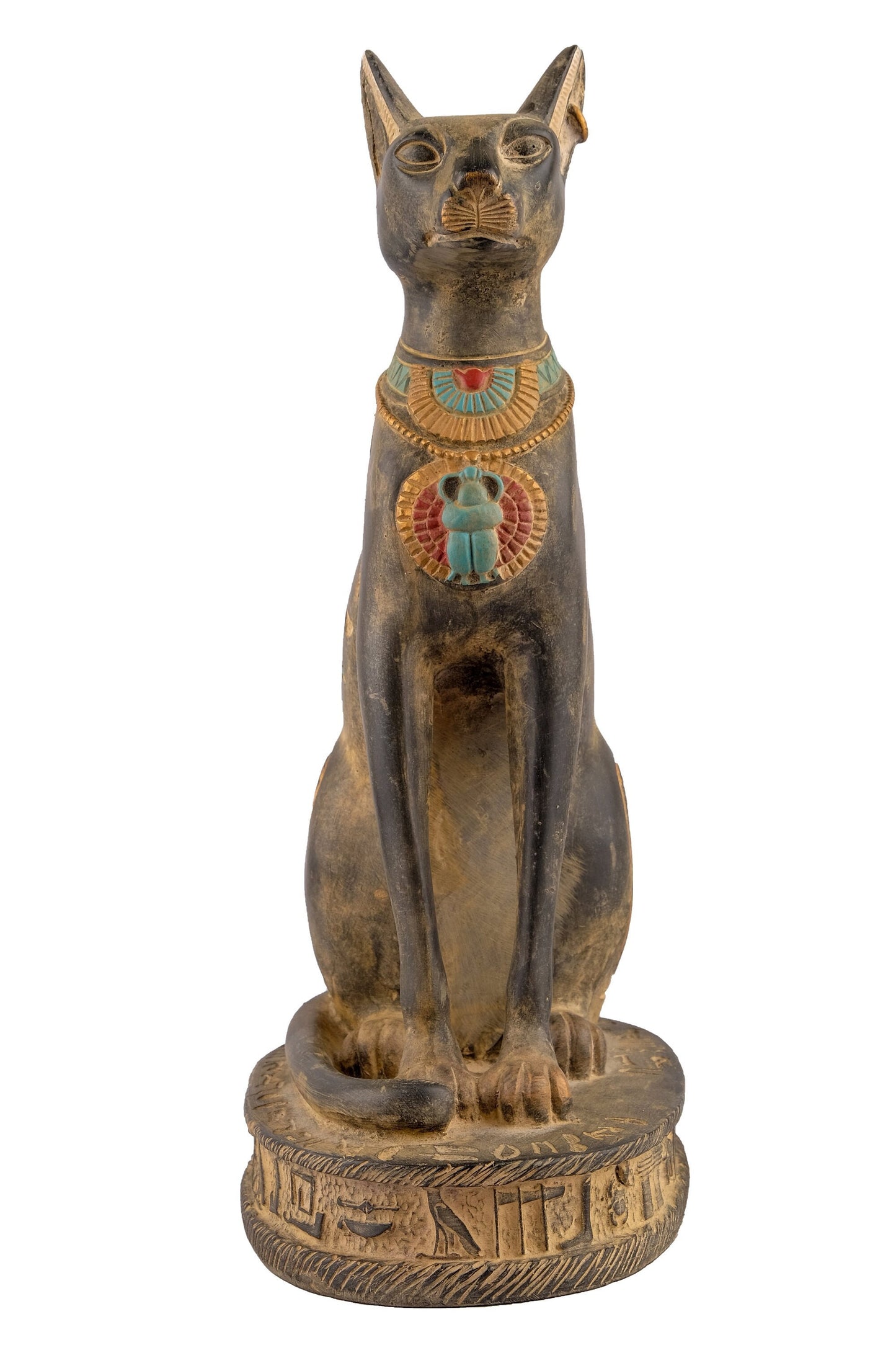 Unique Egyptian Bastet cat Statue black sculpture stone handcrafted altar statue with scarab on her chest