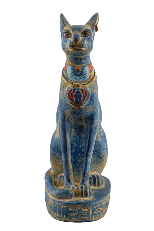 Unique Egyptian Bastet cat Statue heavy blue stone sculpture with scarab on her chest, symbols hieroglyphic inscriptions around the base