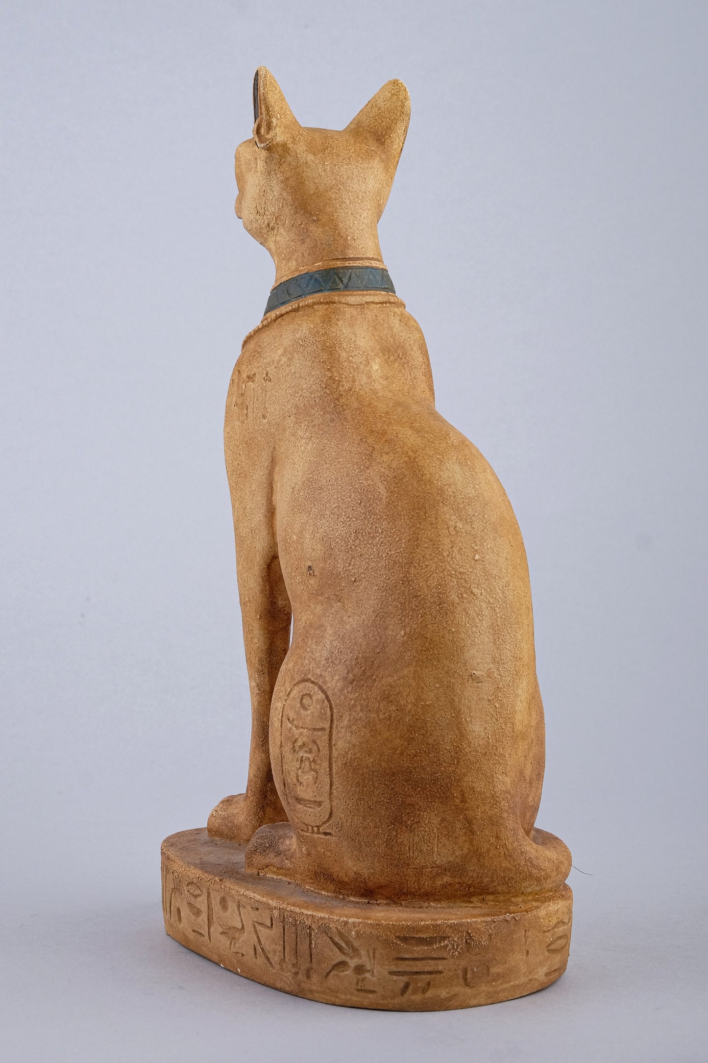 Unique Egyptian Bastet cat Statue heavy stone sculpture with scarab on her chest, symbols hieroglyphic inscriptions around the base