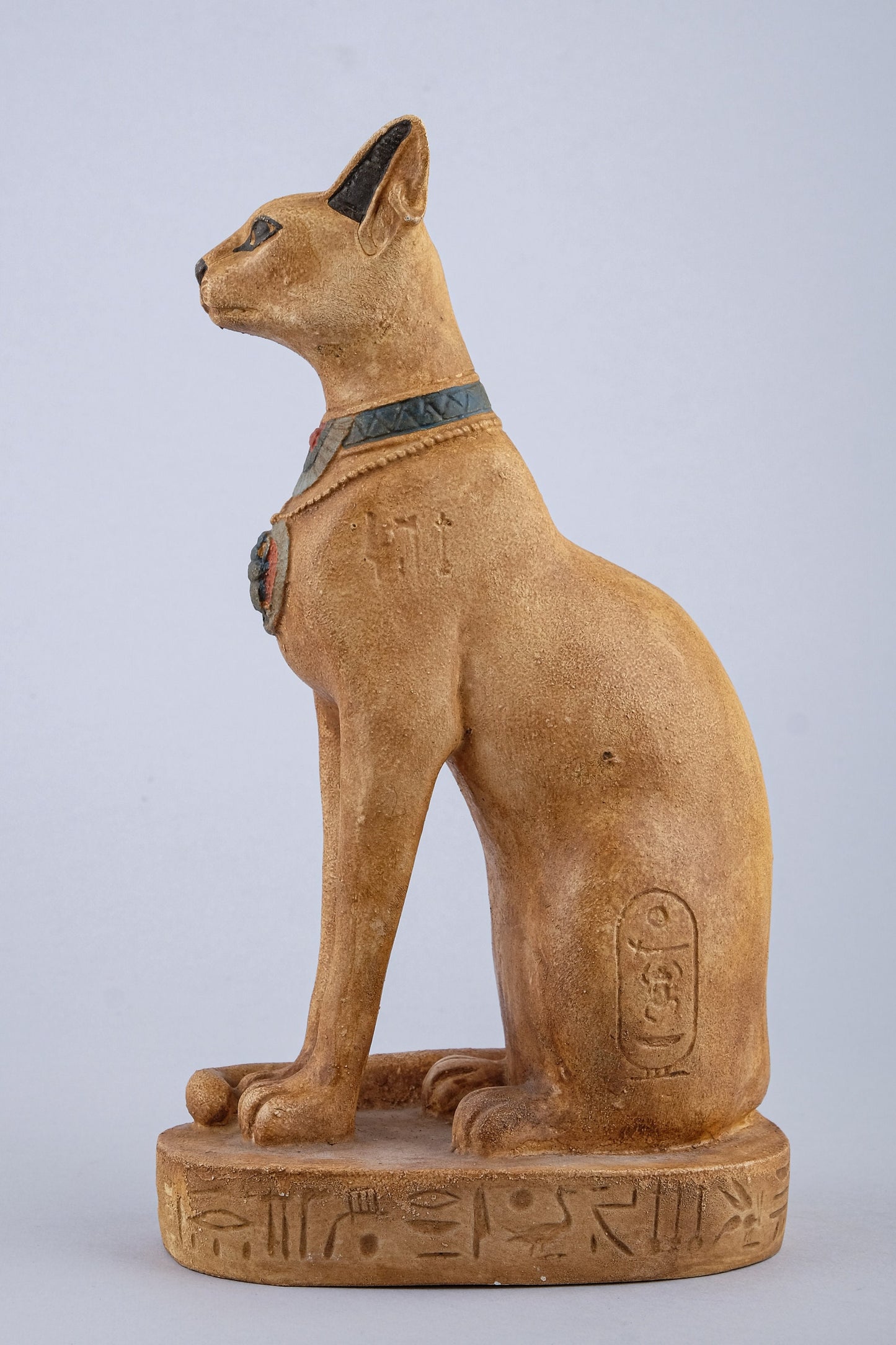 Unique Egyptian Bastet cat Statue heavy stone sculpture with scarab on her chest, symbols hieroglyphic inscriptions around the base