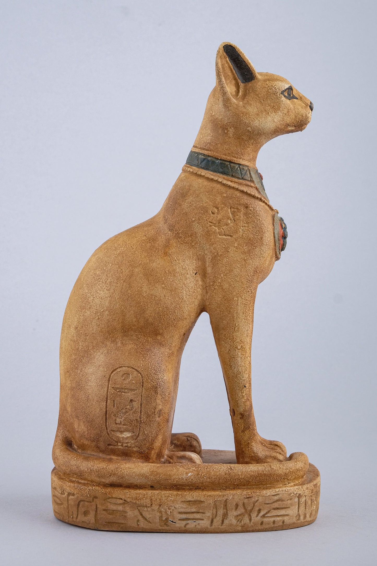 Unique Egyptian Bastet cat Statue heavy stone sculpture with scarab on her chest, symbols hieroglyphic inscriptions around the base