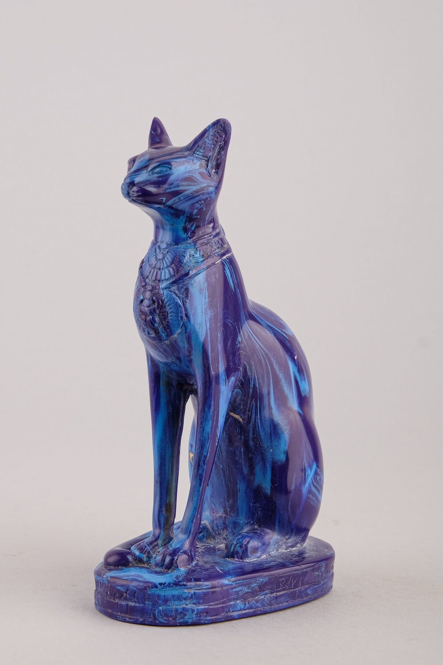 Unique Egyptian blue Bastet cat Statue with scarab on her chest, symbols hieroglyphic inscriptions around the base made in Egypt