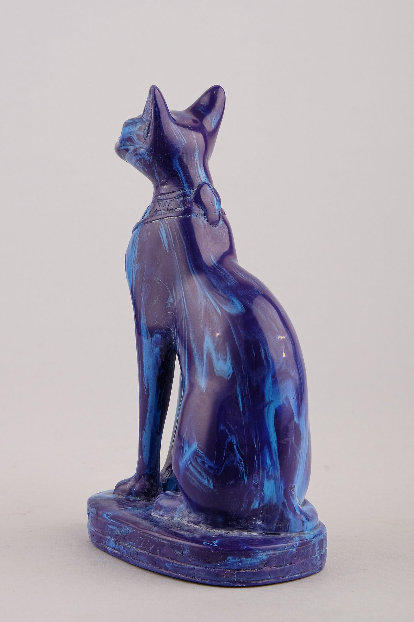 Unique Egyptian blue Bastet cat Statue with scarab on her chest, symbols hieroglyphic inscriptions around the base made in Egypt