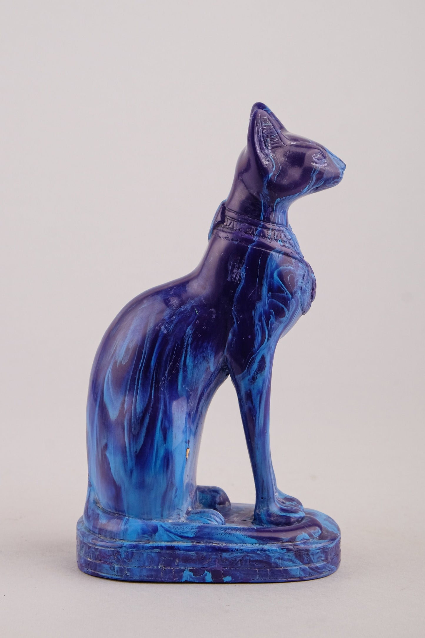 Unique Egyptian blue Bastet cat Statue with scarab on her chest, symbols hieroglyphic inscriptions around the base made in Egypt