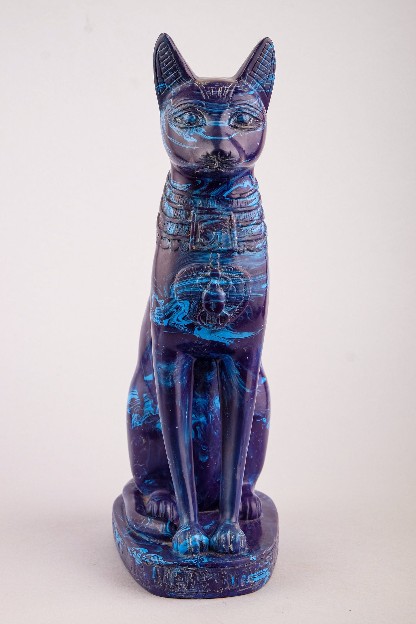 Unique Egyptian statue cat Bastet Blue stone Sculpture with front scarab, eye of Horus made in Egypt