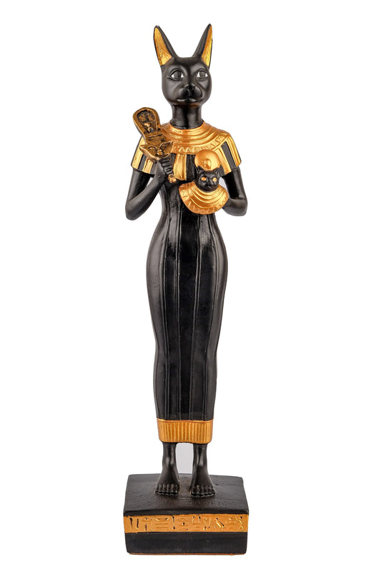 Egyptian Cat Bastet Large standing joy Love Music Royal Ankh hand painted gold and black made in Egypt