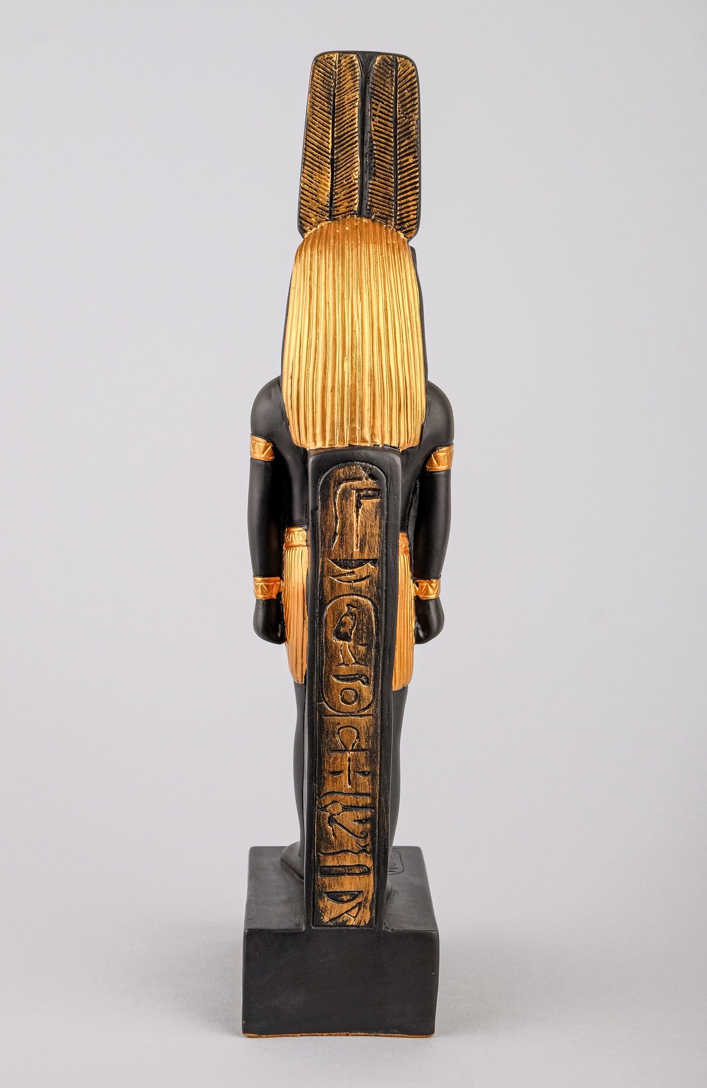 Statue Montu symbol of War lord of Medamud, depicted with a bull’s head. Large painted black gold made in Egypt